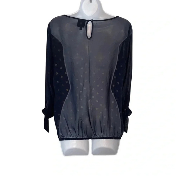 Bobeau Sheer Blouse with Light Gold Polka Dots | Navy BlueTop with Tie Sleeves - Picture 3 of 6
